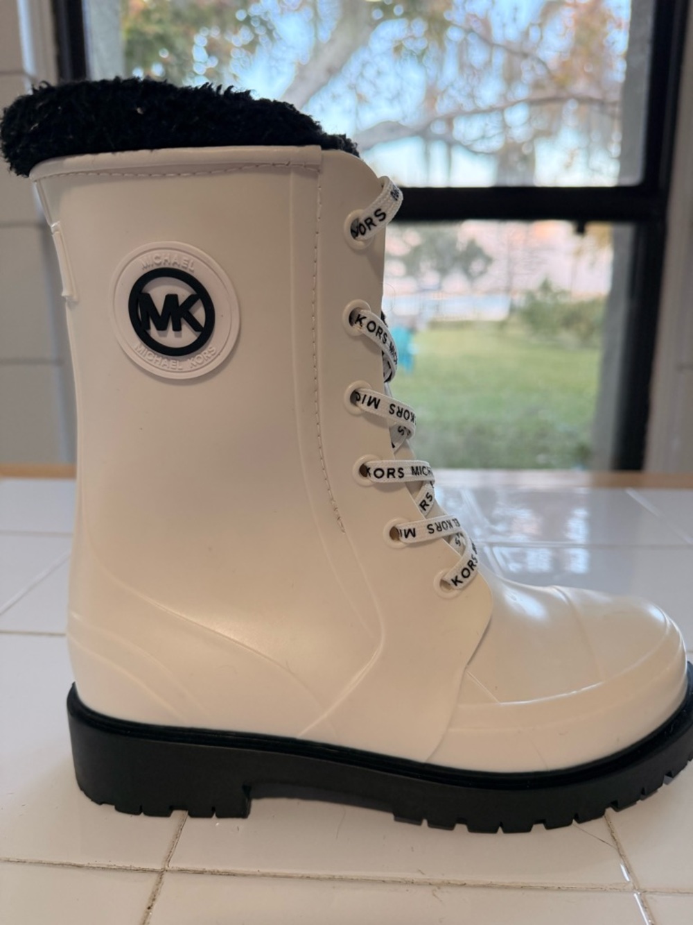 Michael Kors Women’s White Lace-Up Rain Boot with Black Sole